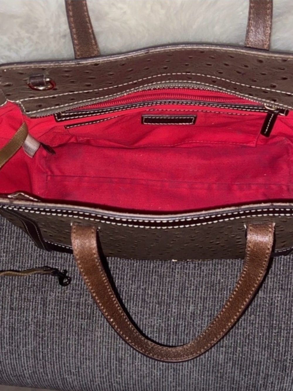 Dooney & Bourke Brown Ostrich-Style Satchel with Dark Trim - Picture 4 of 5